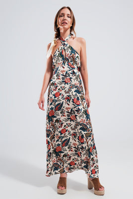 Q2 - Original Halter Neck Maxi Dress in Beige Paisley Print