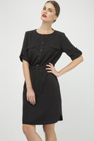 CONQUISTA FASHION - Original Straight Black Tencel Dress With Belt Detail