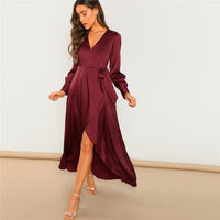 LUXURY AND ME - Original V-Neck Belted Wrap Asymmetric Party Maxi Dress