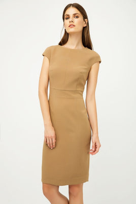 CONQUISTA FASHION - Original Solid Colour Dress With Cap Sleeves Camel Color