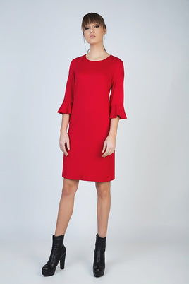 CONQUISTA FASHION - Original Sleeve Detail Red Dress in Stretch Punto Di Roma Fabric