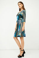 CONQUISTA FASHION - Original Print Jersey Faux Wrap Dress in Petrol