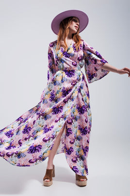 Q2 - Original Flutter Sleeve Maxi Dress in Purple Floral Print