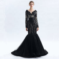 Original JaneVini Black Long Sleeves Evening Dress 2020 Lace V-Neck Formal Tulle Mermaid Ladies Mother of the Bride Dresses for Weddings