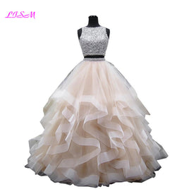 Original Luxury Crystals Two Pieces Ball Gown Quinceanera Dresses O-Neck Beaded Open Back Pageant Gown Long Tiered Organza Sweet 16 Dress