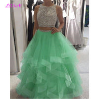 Original Luxury Crystals Two Pieces Ball Gown Quinceanera Dresses O-Neck Beaded Open Back Pageant Gown Long Tiered Organza Sweet 16 Dress