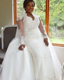 Original Lace Wedding Dresses With Detachable Skirt Elegant Long Sleeves Floor Length Long Bridal Gowns With Appliques