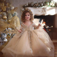 Original Champagne Ball Gown Flower Girls Dresses For Weddings  Little Kids Toddler Pageant Dress Long Sleeves Crystal First Communio