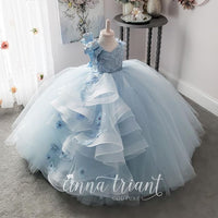 Original Luxury Ball Flower Girl Dresses For Wedding V Neck Beads Bow Girls Pageant Gowns Crystal Tulle Kids Prom Dress