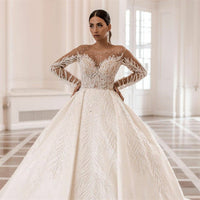 Original Luxury Arabic Dubai Beads Crystals Ball Gown Wedding Dresses 2022 Vestido de Noiva Soft Tulle Long Sleeve Wedding Bridal Gowns