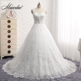 Original V Neck Tulle Wedding Dresses 2022 Applique Lace Sashes A-Line Backless Floor Length Sleeveless Bridal Dress Vestido De Noiva