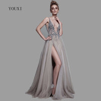 Original Sexy Deep V-Neck Side Split Long Evening Dress 2021 New Arrivals Backless Sparkly High Slit See Through Abendkleider Lang