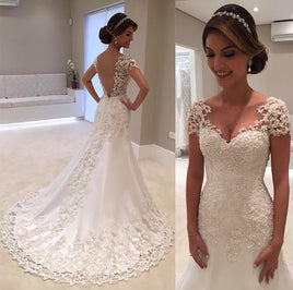 Original Vestidos De Noiva White Backless Lace Mermaid Wedding Dress 2022 V-Neck Short Sleeve Wedding Gown Bride Dress Robe de mariage