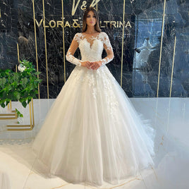 YIPEISHA - Original 2022 Long Sleeves Ball Gown Wedding Dress Illusion Lace Beading Applique Soft Tulle Vestido De Noiva Bridal Dresses