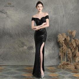 NOBLE WEISS - Original Prom Dresses 2024 Black Mermaid Elastic Party Dress Sexy Split Vestidos De Gala Boat Neck Long Prom Gown