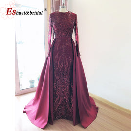 Original Elegant Wedding Evening Night Dress for Women 2022 Muslim Long Sleeves Mermaid with Detachable Train Sequined Prom Party Gowns