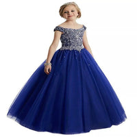 Original Princess Long Flower Girl Dresses New Off-the-shoulder Beads Crystals Sleeveless Tulle Ball Gown Kid&#39;s Gowns Child Pageant Dress