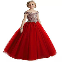 Original Princess Long Flower Girl Dresses New Off-the-shoulder Beads Crystals Sleeveless Tulle Ball Gown Kid&#39;s Gowns Child Pageant Dress