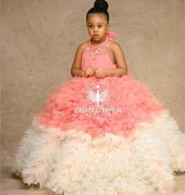 Original Ball Puffy Flower Girl Dresses For Wedding Halter Beads Crystal African Girls Pageant Gowns Tiered Skirts Tulle Kids Prom Dress