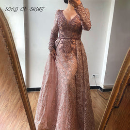 Original Elegant Pink Lace Applique Mermaid Evening Gown Long Sleeves V-neck Women Formal Wedding Party Dresses Robe De Soirée Femme