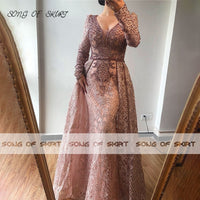 Original Elegant Pink Lace Applique Mermaid Evening Gown Long Sleeves V-neck Women Formal Wedding Party Dresses Robe De Soirée Femme