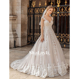 Original Luxury Wedding Dress Elegant Multi-layer Lotus Leaf Yarn V-neck Beading Wedding Gowns Crystal Lace Up White Vestido De Noiva