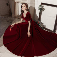 Original Short Sleeve Winter Evening Dresses 2020 Burgundy Long V-neck Pearl Velour Prom Gown Cap Sleeve Party Celebrity Jurken Elegant