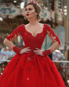 Original Red Princess Quinceanera Dresses Ball Gown Long Sleeves Lace Beaded Sweet 16 Dress Birthday Party Gowns Vestidos De Quinceañera